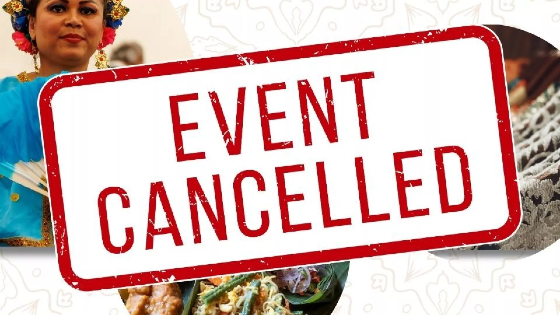 Afbeelding van geannuleerd evenement met traditioneel geklede persoon en eten.