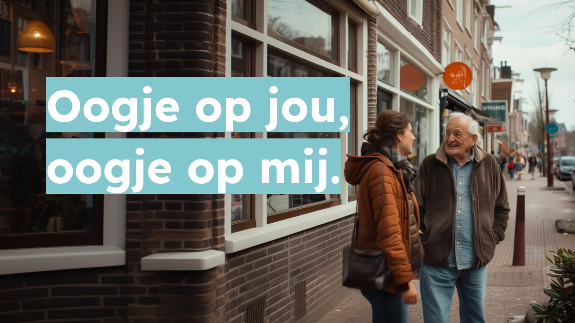 Jonge vrouw en oudere man hebben een gesprek op straat.